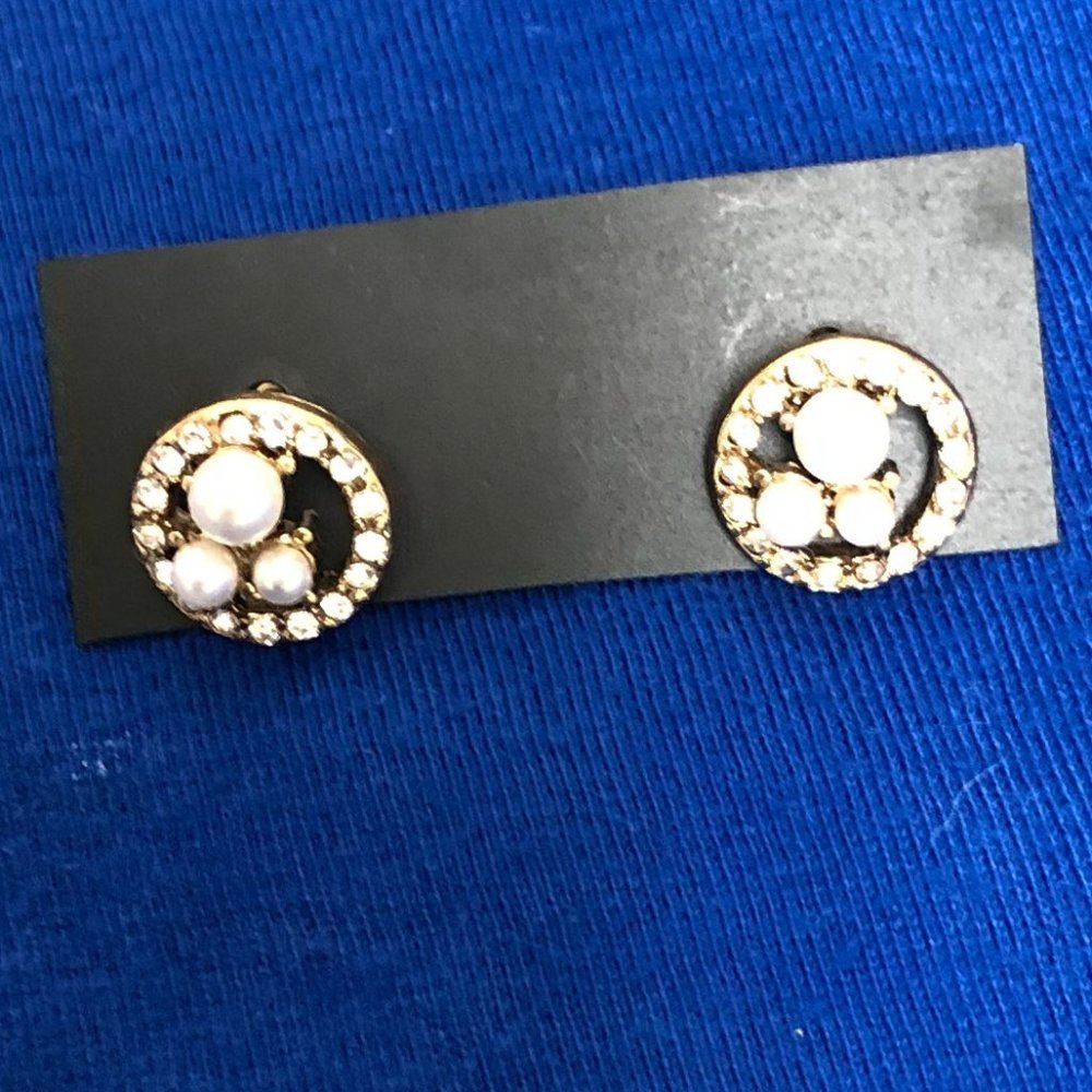 2/$15 Stud Earrings with Three Faux Pearls Encircled by Faux Diamonds - NWOT
